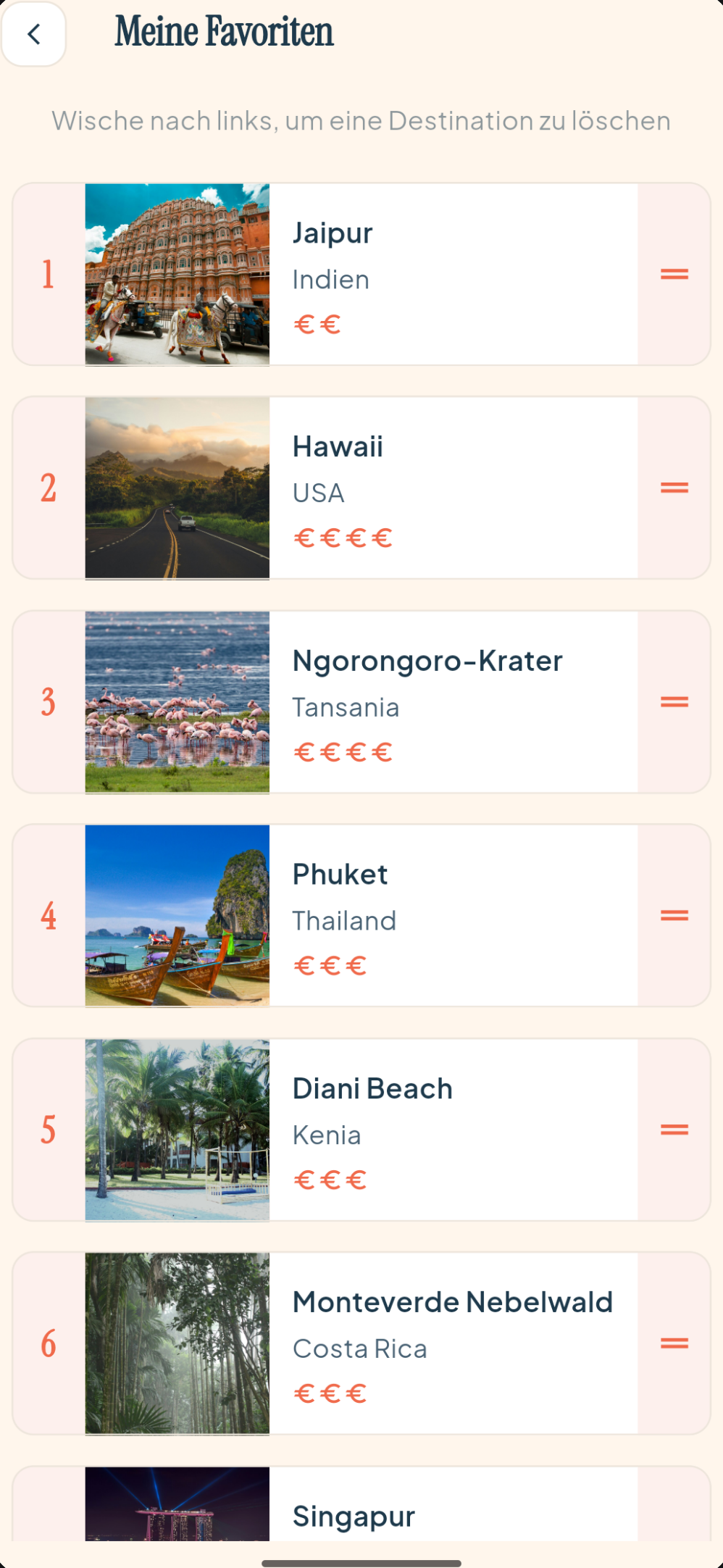 Screenshot der crooom-App: deine gespeicherten Lieblingsziele