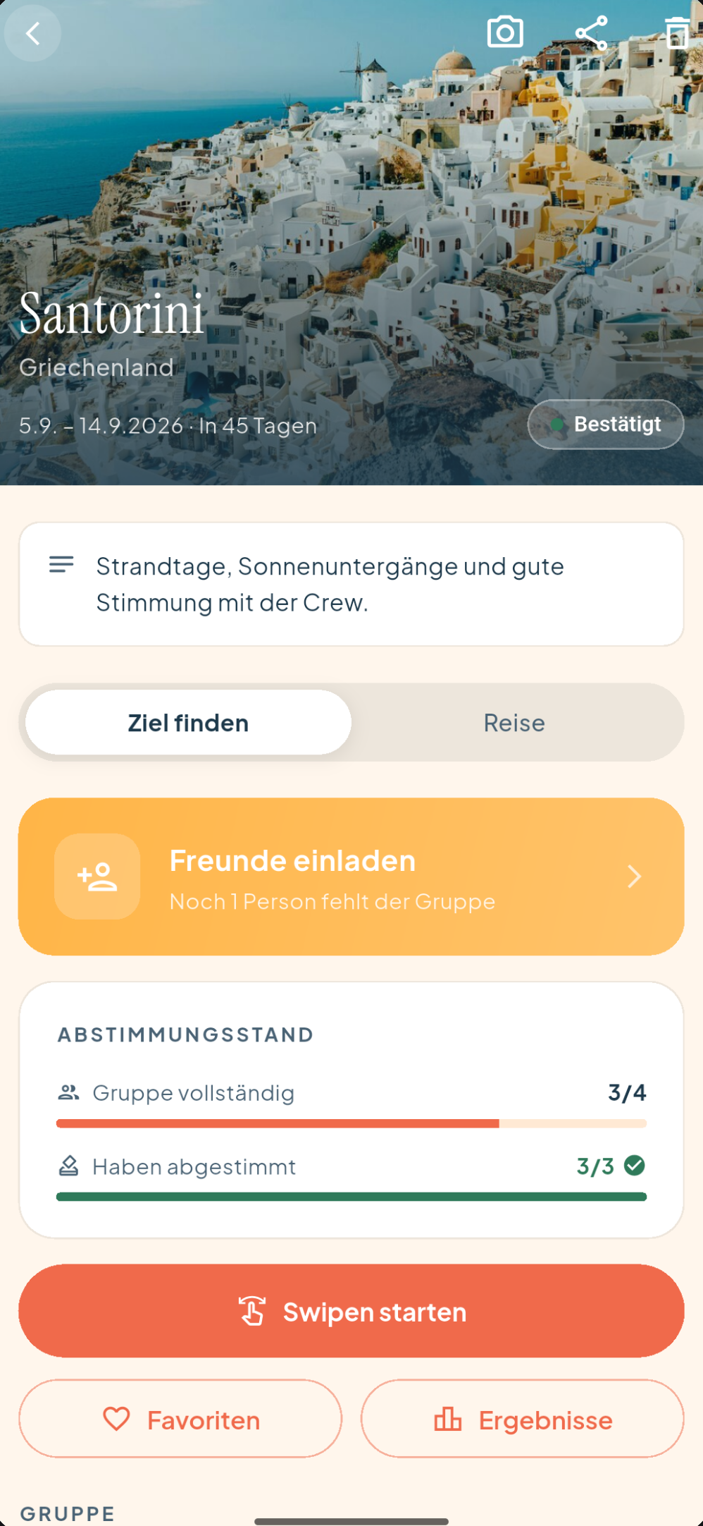 Screenshot der crooom-App: Abstimmungsstand einer Reisegruppe