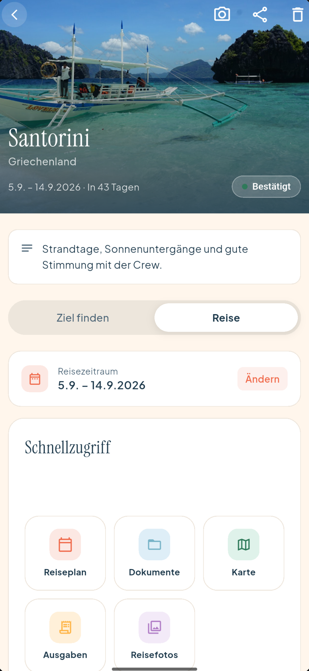 Screenshot der crooom-App: die Reiseübersicht eines Ferienprojekts