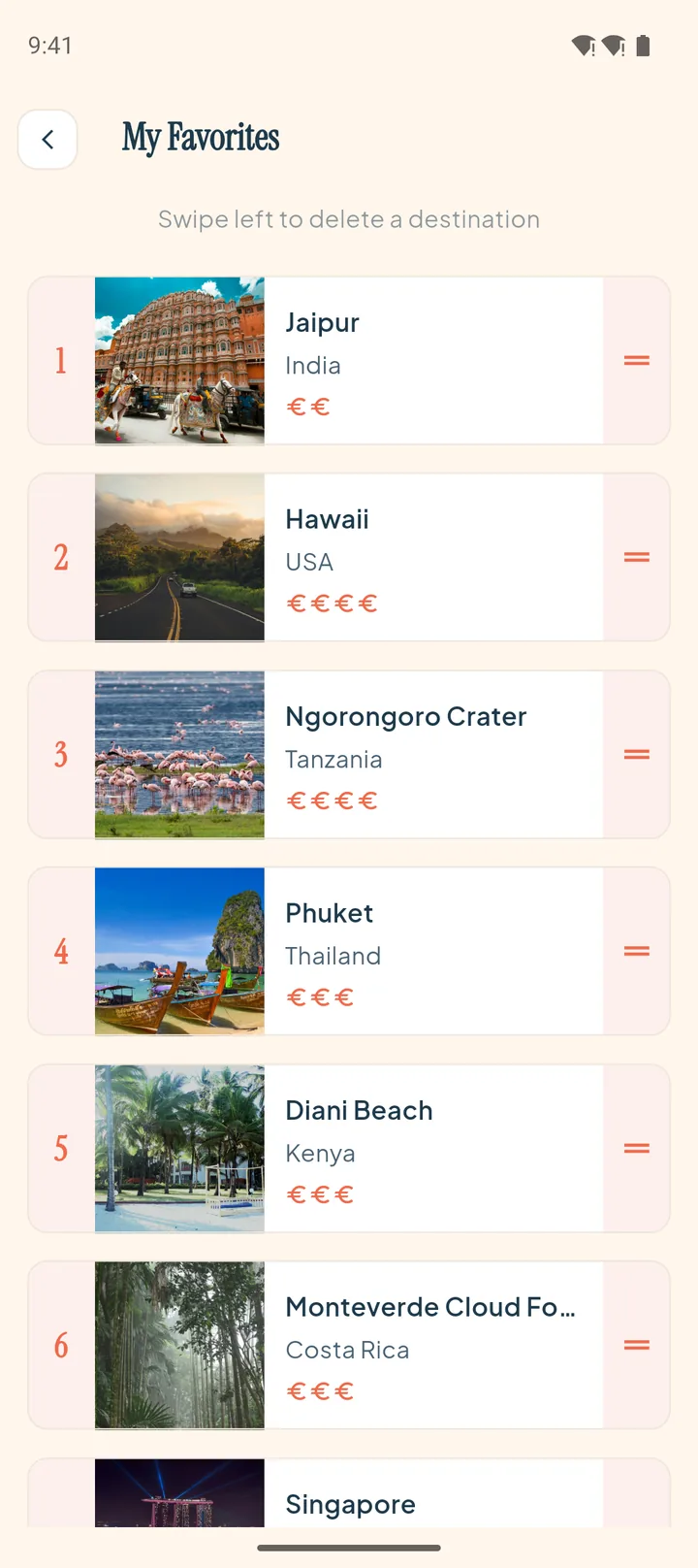 crooom app screenshot: your saved favorite destinations