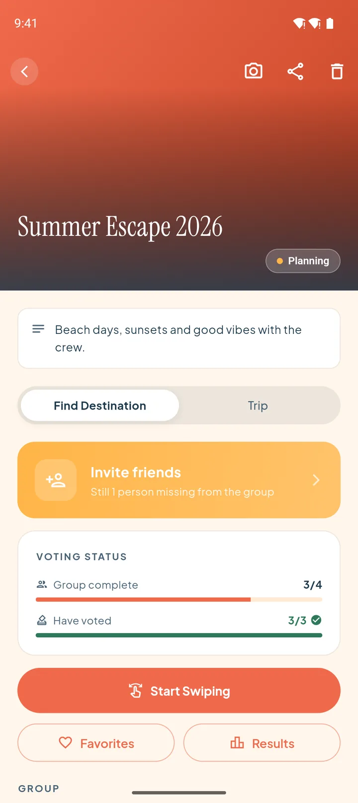 crooom app screenshot: voting status of a travel group